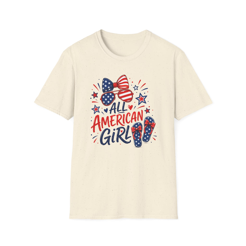 All American Girl Tee, Patriotic Bow Flip Flops Shirt, Red White Blue Graphic Top, Cute USA Fourth of July Outfit T-Shirt