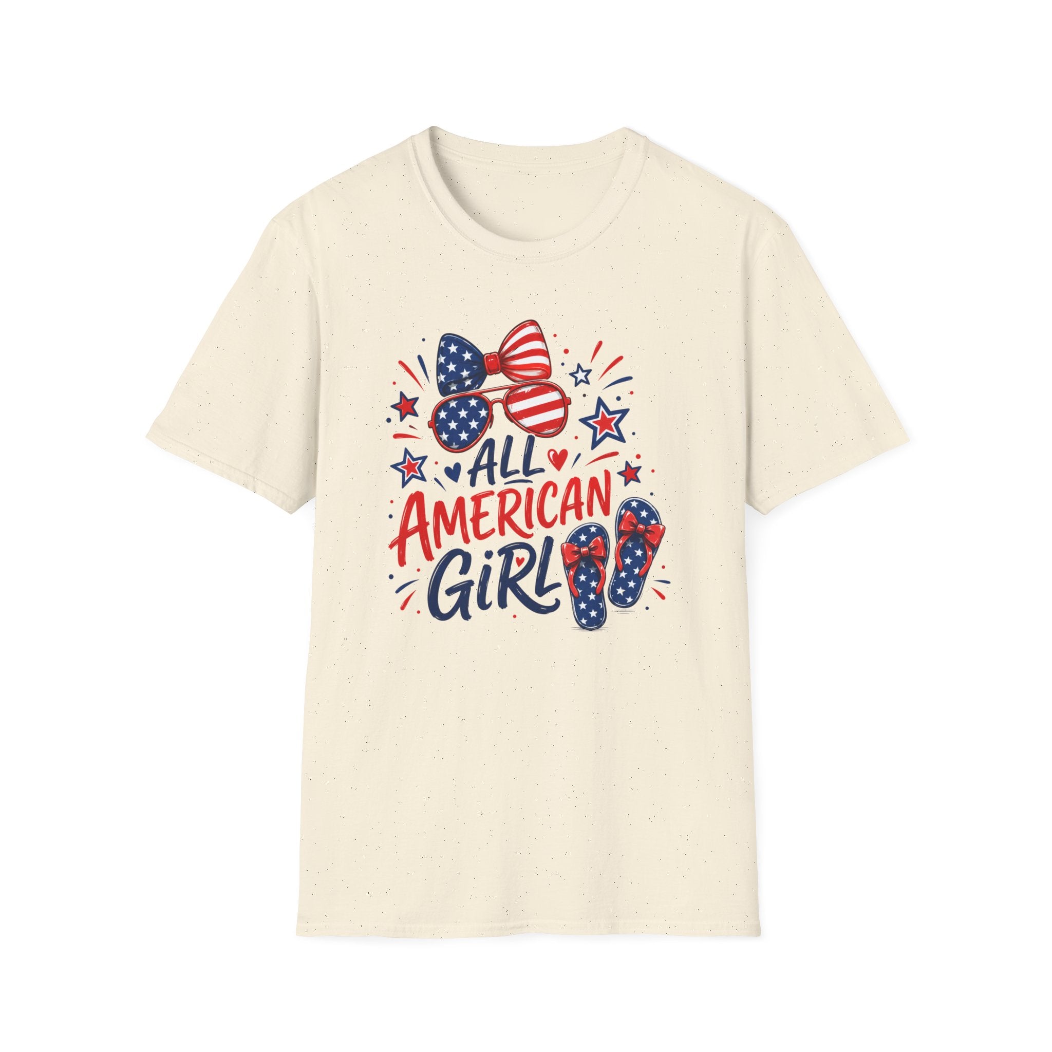All American Girl Tee, Patriotic Bow Flip Flops Shirt, Red White Blue Graphic Top, Cute USA Fourth of July Outfit T-Shirt