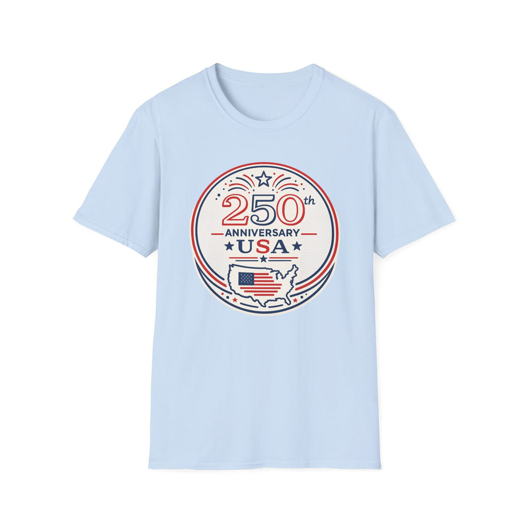 USA 250th Anniversary T-Shirt | Semiquincentennial Patriotic Map Graphic Tee, American Flag Round Emblem Top