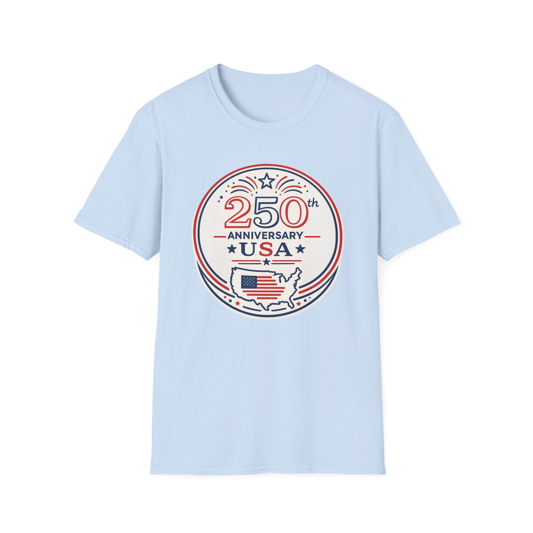 USA 250th Anniversary T-Shirt | Semiquincentennial Patriotic Map Graphic Tee, American Flag Round Emblem Top