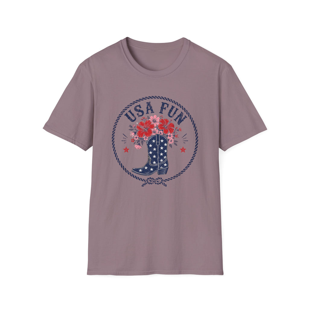 USA Fun Floral Cowboy Boot T-Shirt, Western Patriotic Hibiscus Boot Tee, Country 4th of July Rope Circle Shirt, Star Boot Wildflower America Gift