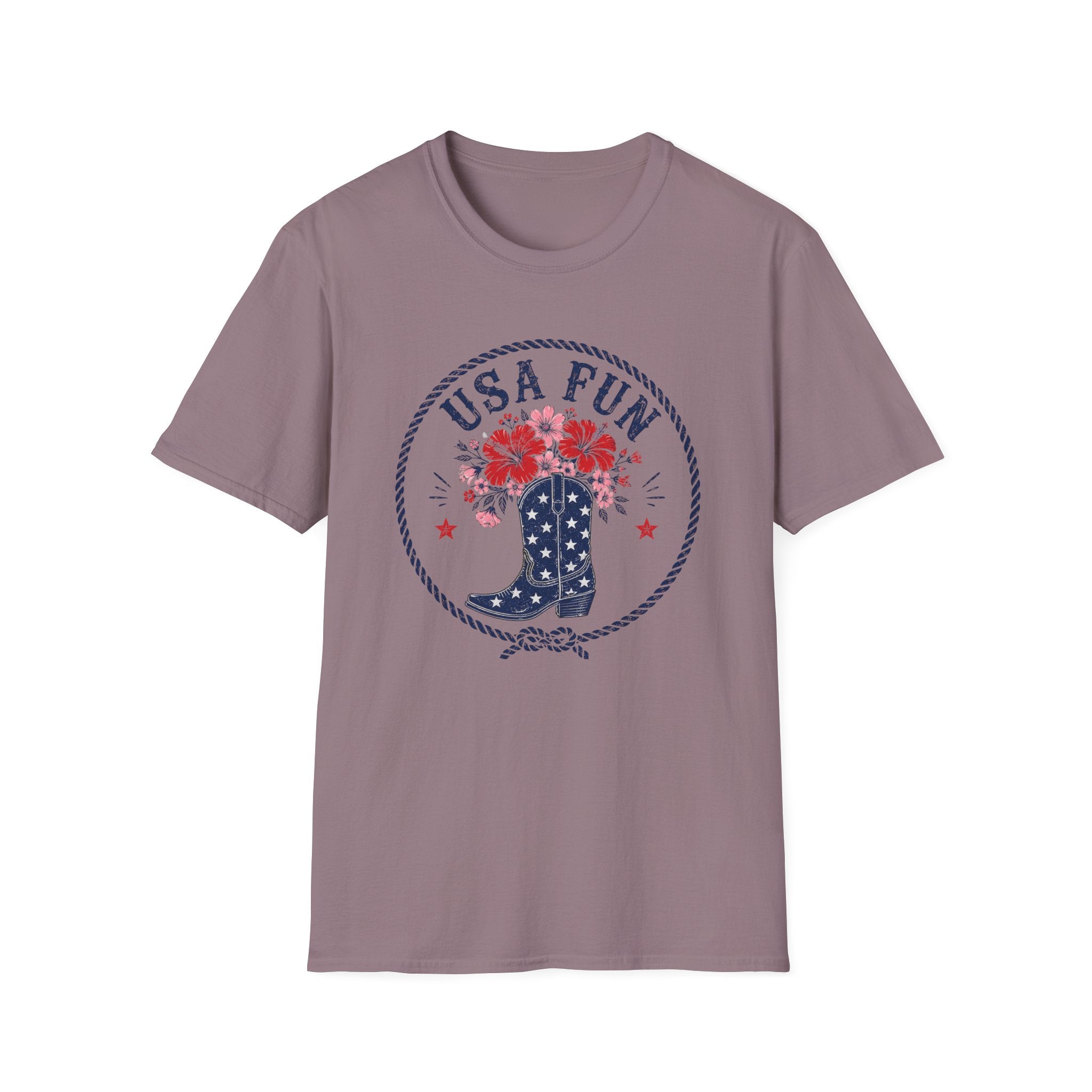 USA Fun Floral Cowboy Boot T-Shirt, Western Patriotic Hibiscus Boot Tee, Country 4th of July Rope Circle Shirt, Star Boot Wildflower America Gift