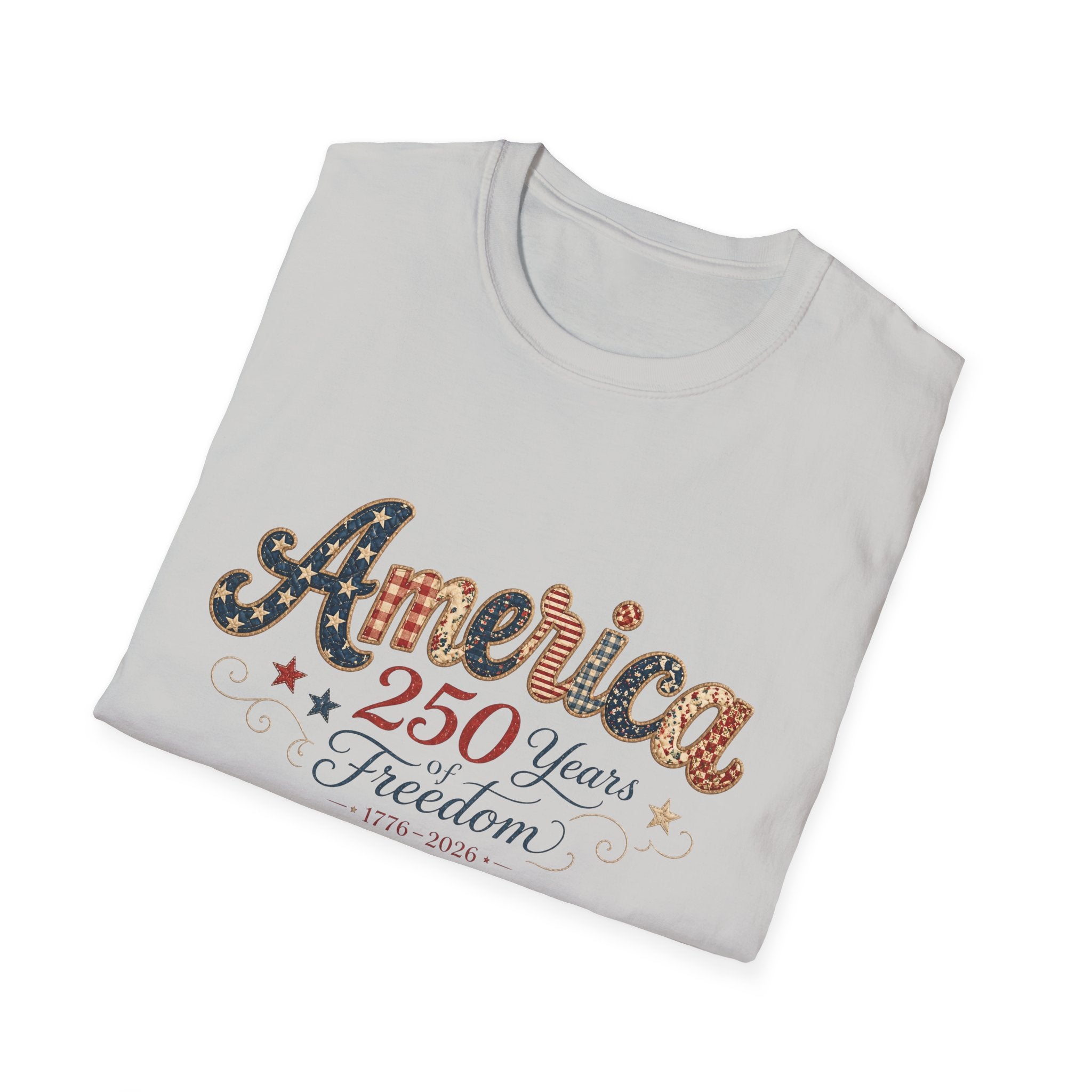 America 250 Years of Freedom Patchwork Shirt, Retro Patriotic Script Tee 1776 2026, 4th of July Vintage Americana T-Shirt, Gingham Stars Scrollwork Anniversary