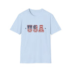 USA Varsity Lettering T-Shirt | Patriotic American Flag Block Graphic Tee, Fourth Of July Stars Stripes Top