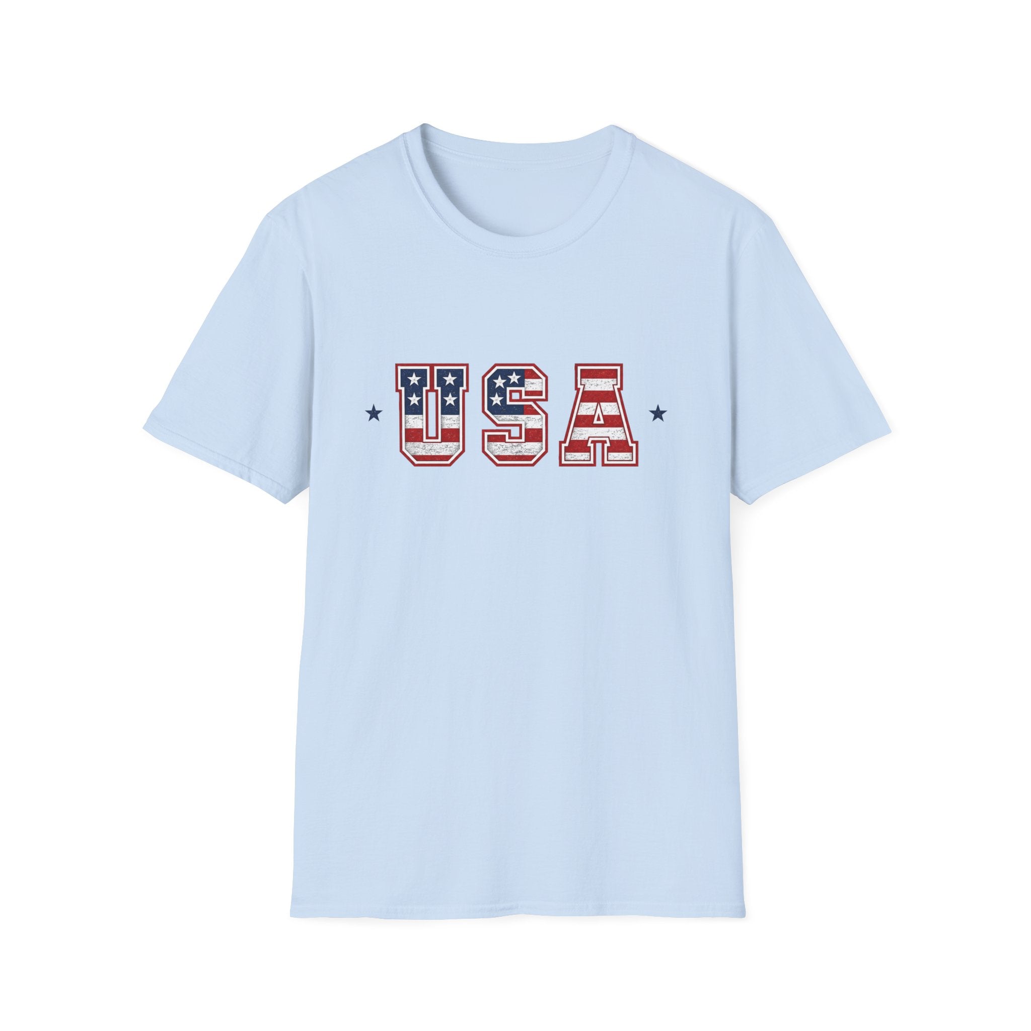 USA Varsity Lettering T-Shirt | Patriotic American Flag Block Graphic Tee, Fourth Of July Stars Stripes Top