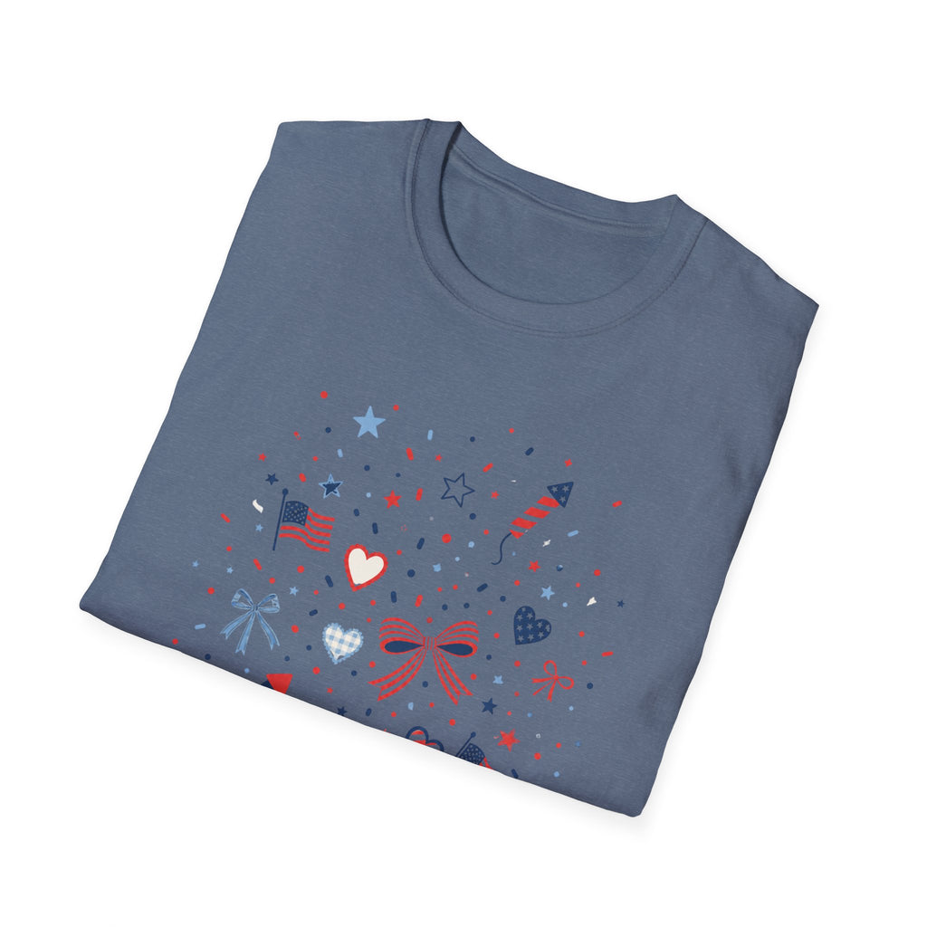 Patriotic Doodle Collage T-Shirt, Cute 4th of July Bow Heart Flag Confetti Tee, Whimsical Festive America Shirt, Coquette Patriotic Icon Scatter Gift