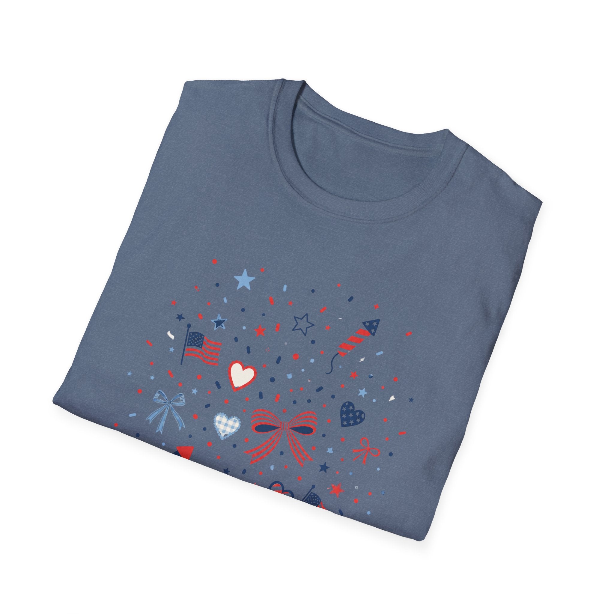 Patriotic Doodle Collage T-Shirt, Cute 4th of July Bow Heart Flag Confetti Tee, Whimsical Festive America Shirt, Coquette Patriotic Icon Scatter Gift