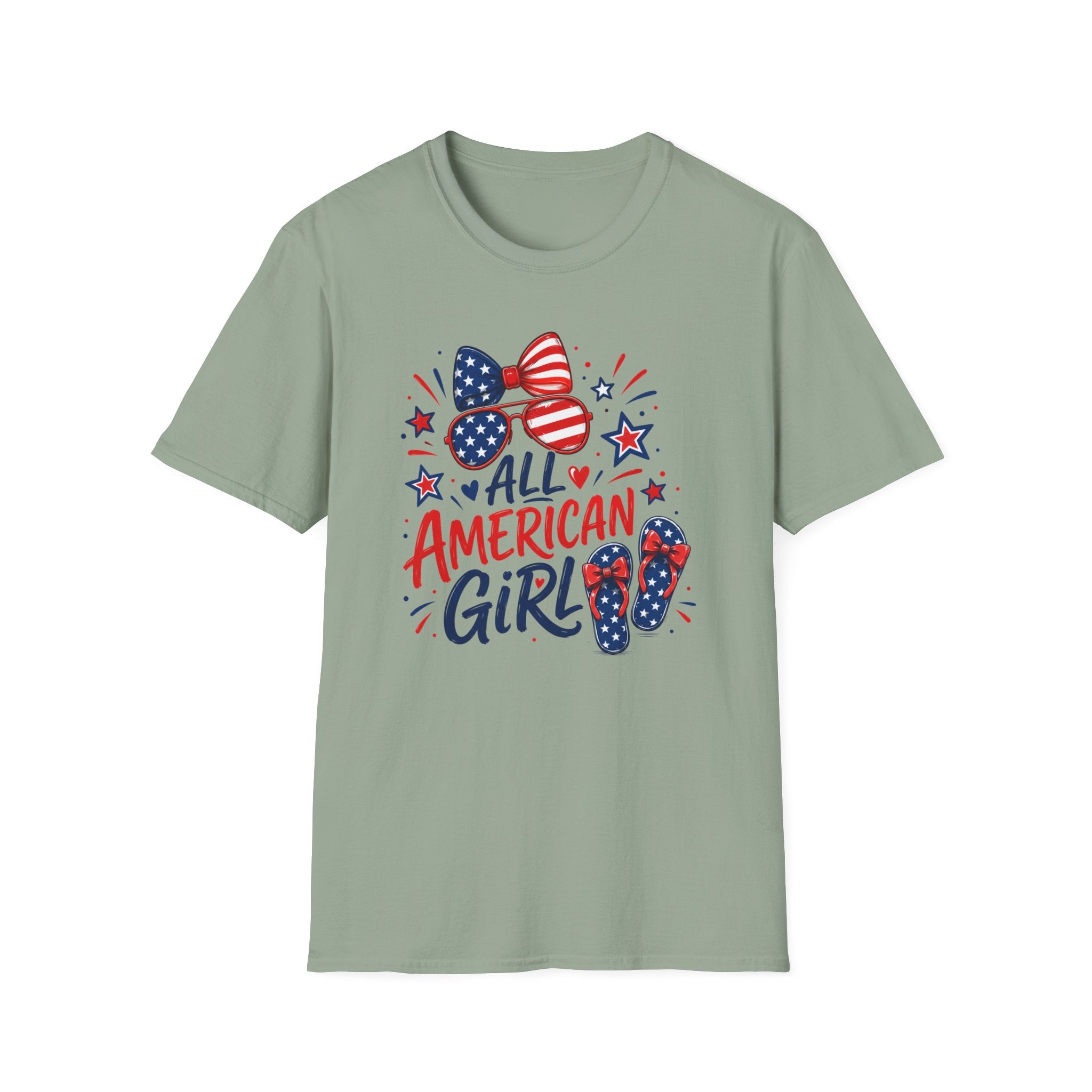 All American Girl Tee, Patriotic Bow Flip Flops Shirt, Red White Blue Graphic Top, Cute USA Fourth of July Outfit T-Shirt