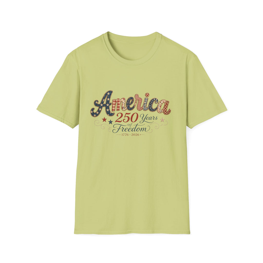 America 250 Years of Freedom Patchwork Shirt, Retro Patriotic Script Tee 1776 2026, 4th of July Vintage Americana T-Shirt, Gingham Stars Scrollwork Anniversary