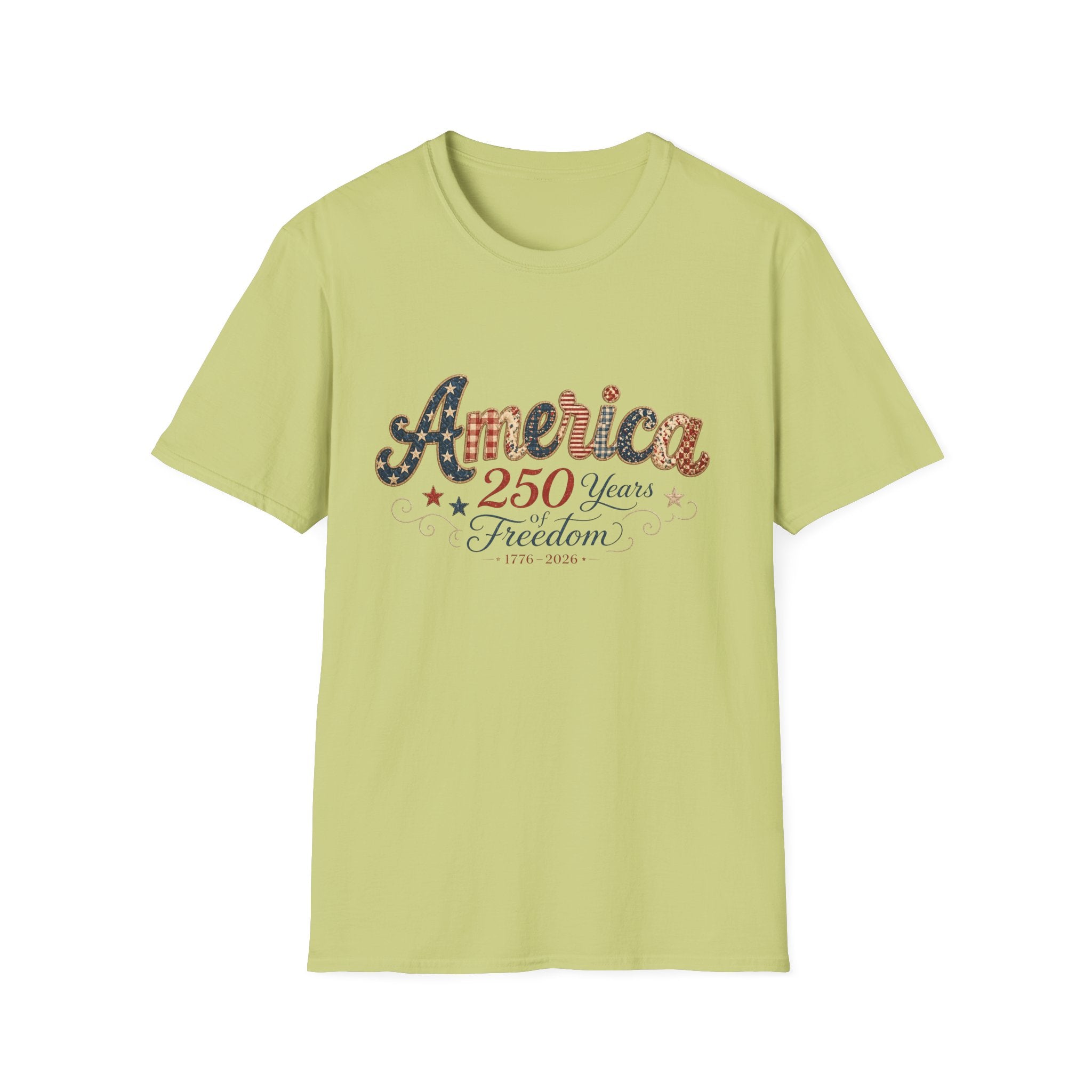 America 250 Years of Freedom Patchwork Shirt, Retro Patriotic Script Tee 1776 2026, 4th of July Vintage Americana T-Shirt, Gingham Stars Scrollwork Anniversary