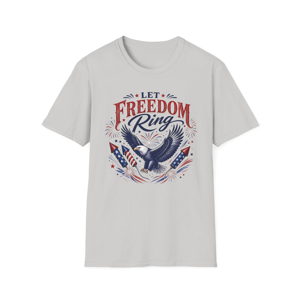 Let Freedom Ring T-Shirt | Patriotic American Bald Eagle Graphic Tee, Fourth Of July Retro Fireworks Top