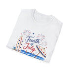 Fourth of July Beach Scene T-Shirt, Patriotic Summer Ocean Surfboard Tee, 4th of July Beach Vacation Shirt, Fireworks Umbrella Surfboard America