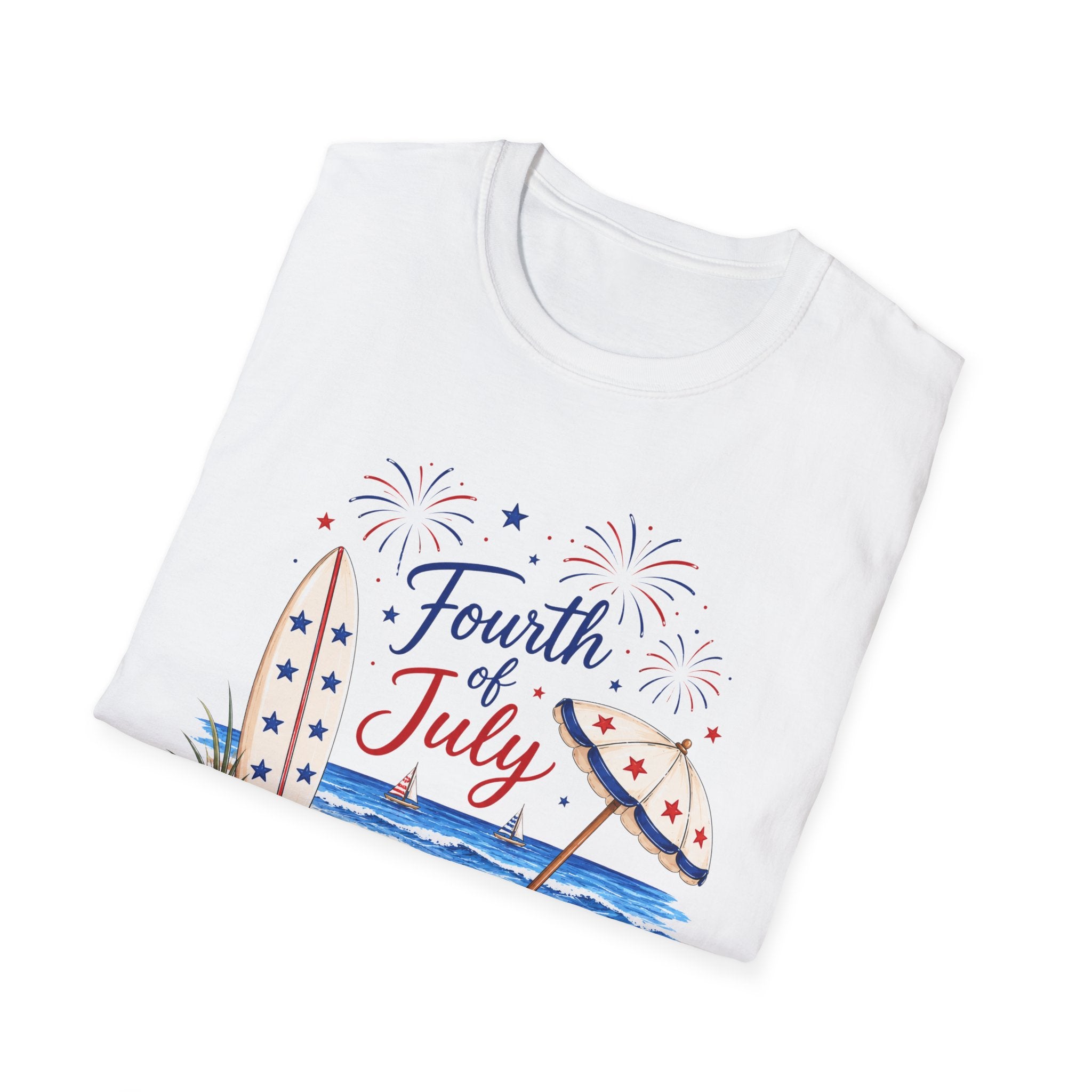 Fourth of July Beach Scene T-Shirt, Patriotic Summer Ocean Surfboard Tee, 4th of July Beach Vacation Shirt, Fireworks Umbrella Surfboard America
