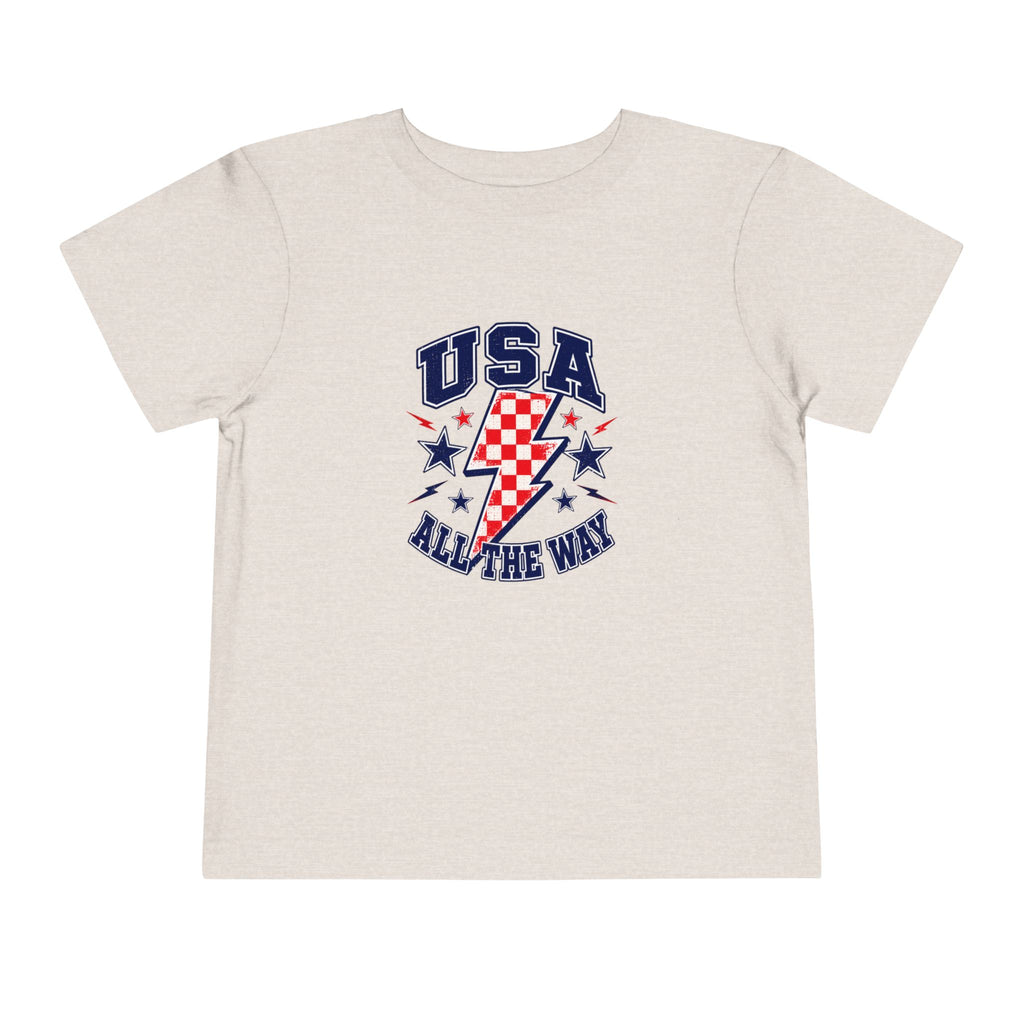 USA All The Way Tee, Patriotic Lightning Bolt Shirt, Red White Blue Star Graphic Top, Fourth of July Celebration Outfit Toddler Short Sleeve Tee