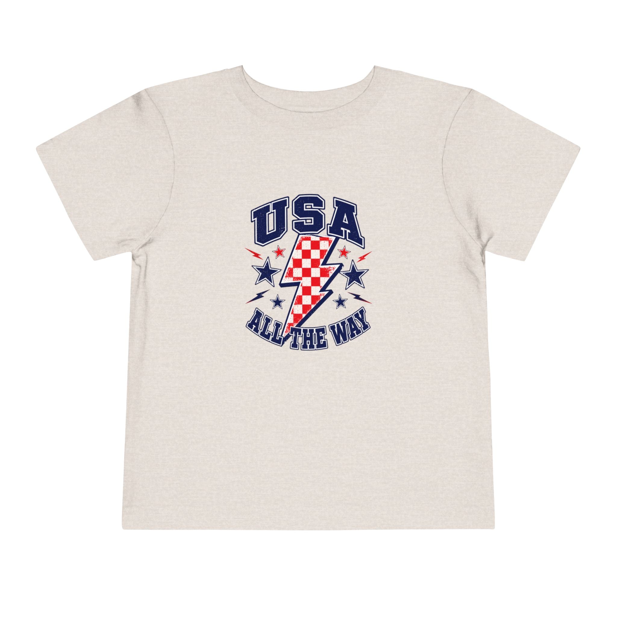 USA All The Way Tee, Patriotic Lightning Bolt Shirt, Red White Blue Star Graphic Top, Fourth of July Celebration Outfit Toddler Short Sleeve Tee