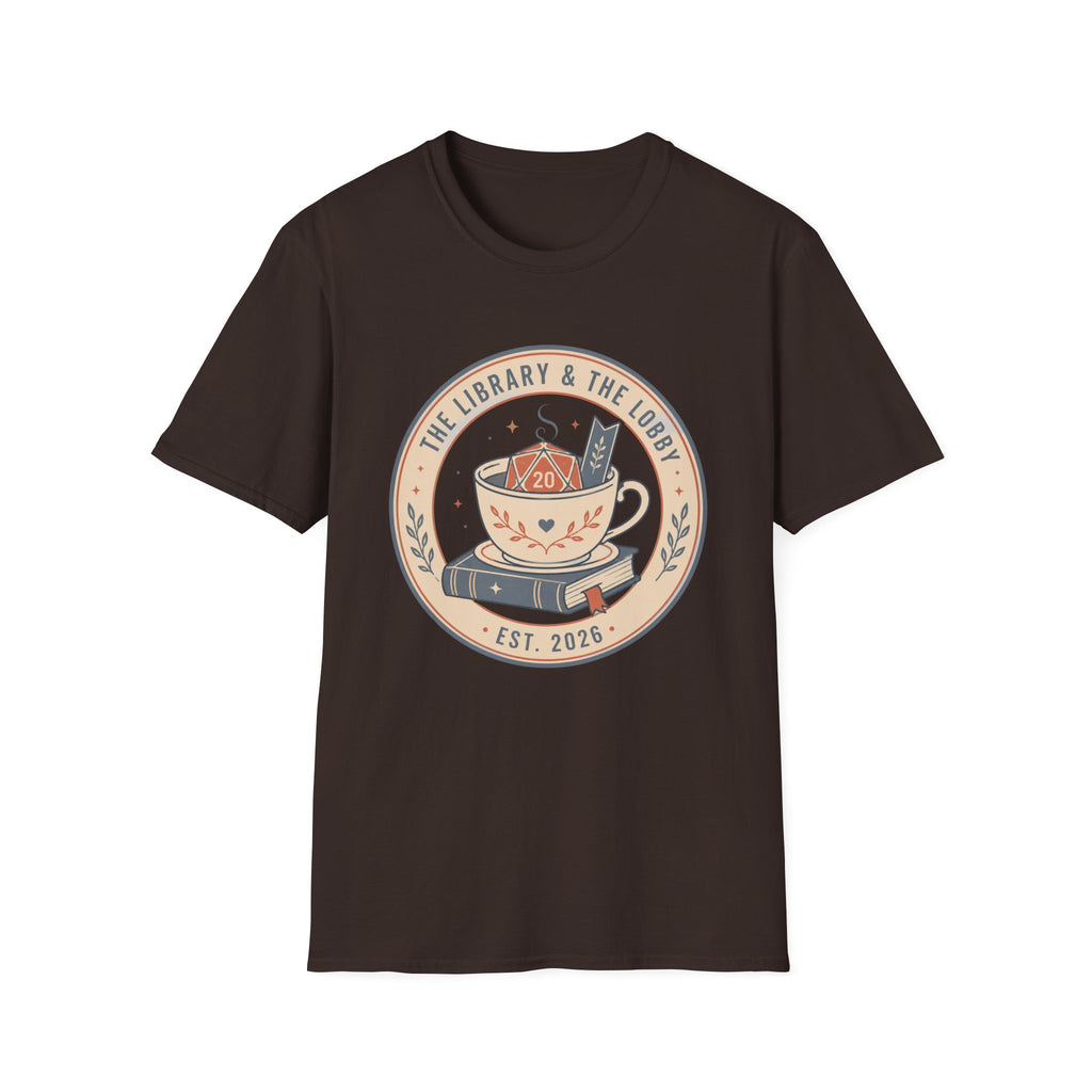 Library & The Lobby Tea Cup T‑Shirt — 'The Library & The Lobby' Vintage Bookstore Tee