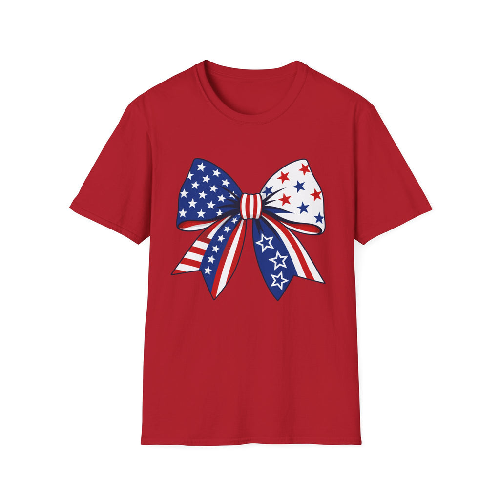 Oversized American Flag Bow T-Shirt, Cheer Bow Stars Stripes Patriotic Tee, Big Coquette 4th of July Bow Shirt, Bold Graphic USA Bow Gift Women Girls Independence Day