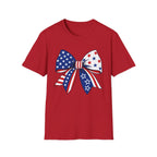 Oversized American Flag Bow T-Shirt, Cheer Bow Stars Stripes Patriotic Tee, Big Coquette 4th of July Bow Shirt, Bold Graphic USA Bow Gift Women Girls Independence Day