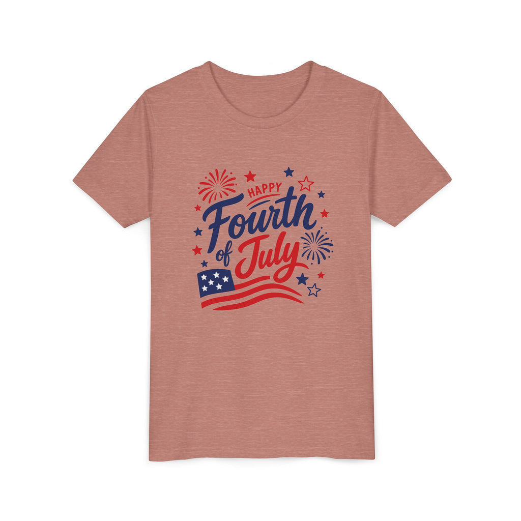 Happy Fourth of July Tee, Patriotic Red White Blue USA Shirt, Fireworks Celebration Graphic Top, Independence Day Outfit Youth Short Sleeve Tee