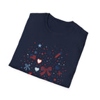 Patriotic Doodle Collage T-Shirt, Cute 4th of July Bow Heart Flag Confetti Tee, Whimsical Festive America Shirt, Coquette Patriotic Icon Scatter Gift
