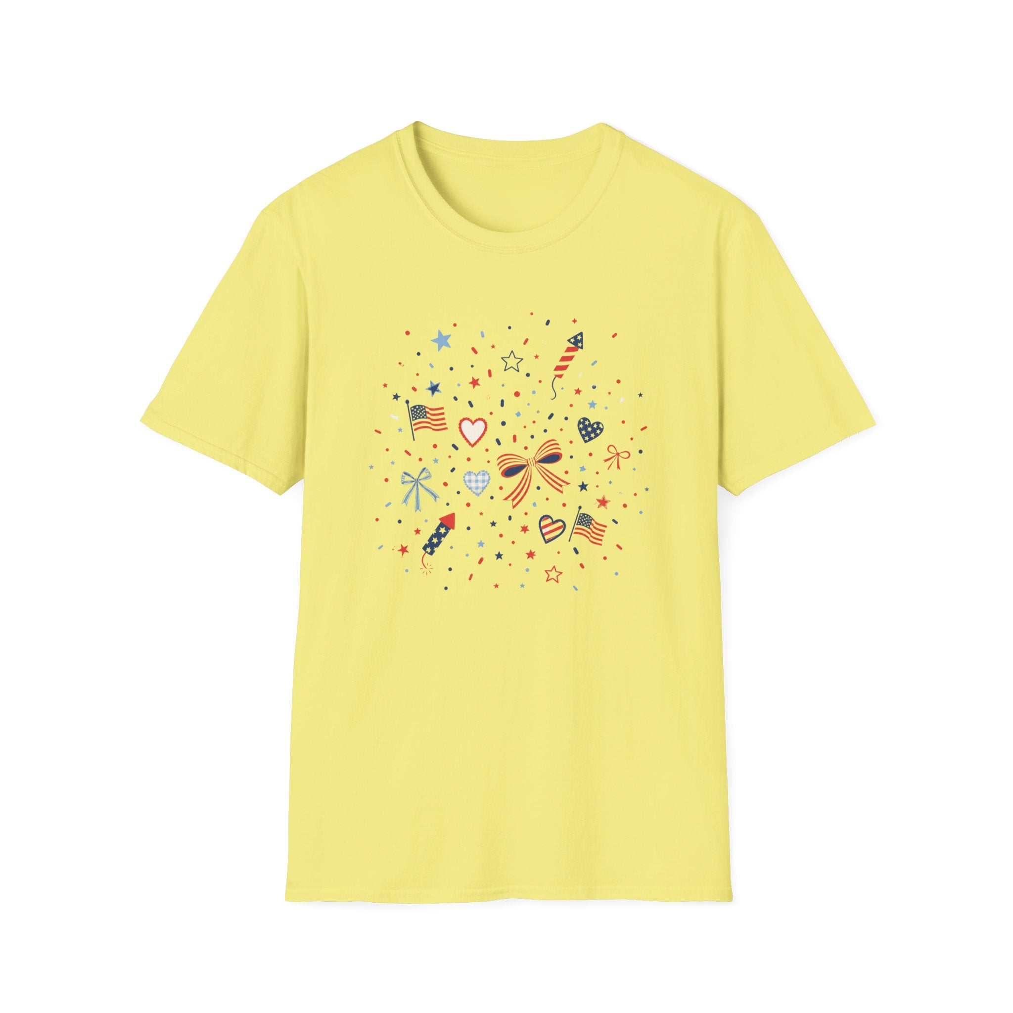 Patriotic Doodle Collage T-Shirt, Cute 4th of July Bow Heart Flag Confetti Tee, Whimsical Festive America Shirt, Coquette Patriotic Icon Scatter Gift