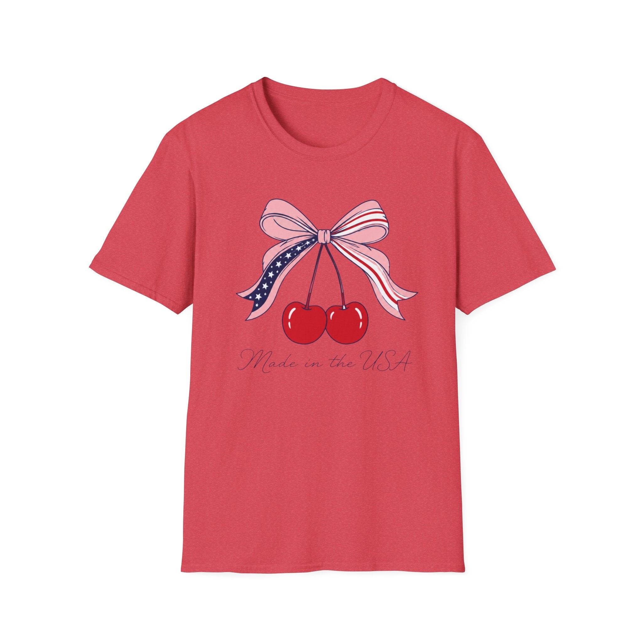 Made in the USA Cherry Tee, Patriotic Red White Blue Shirt, Cute Bow Fruit Graphic Top, Fourth of July Summer Outfit Unisex Softstyle T-Shirt