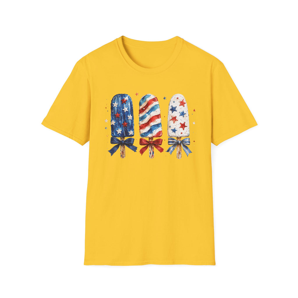 Patriotic Popsicle T-Shirt, Watercolor 4th of July Ice Cream Bow Tee, Cute Summer America Popsicle Shirt, Stars Stripes Coquette Bow Treat Gift Women