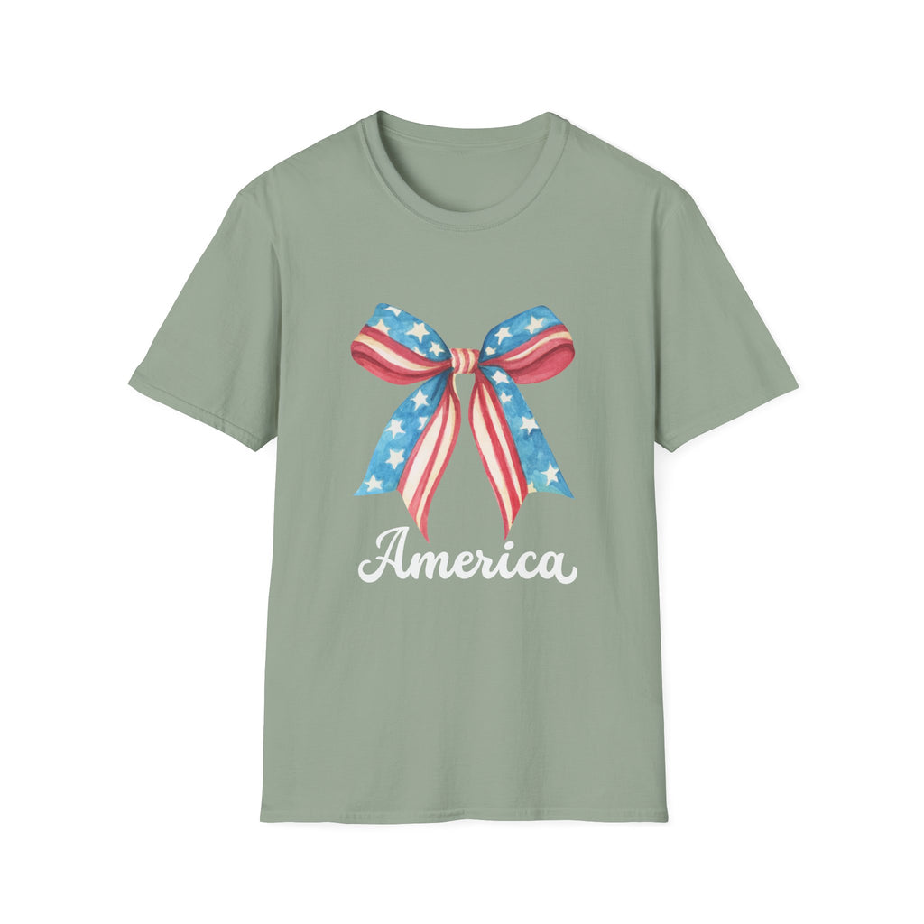 Coquette Patriotic Bow Shirt, 4th of July Women's T-Shirt, American Flag Bow Tee, USA Watercolor Bow, Stars and Stripes Shirt, Independence Day Gift