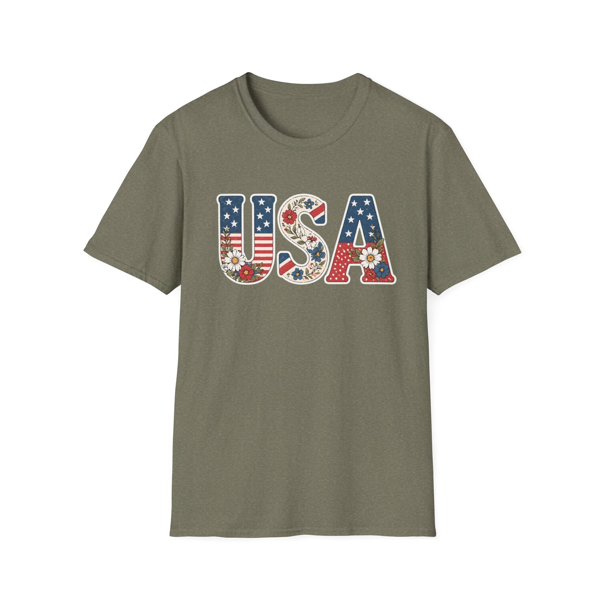 USA Patriotic Floral T-Shirt | American Flag Block Lettering Graphic Tee, Fourth Of July Vintage Cottagecore Top