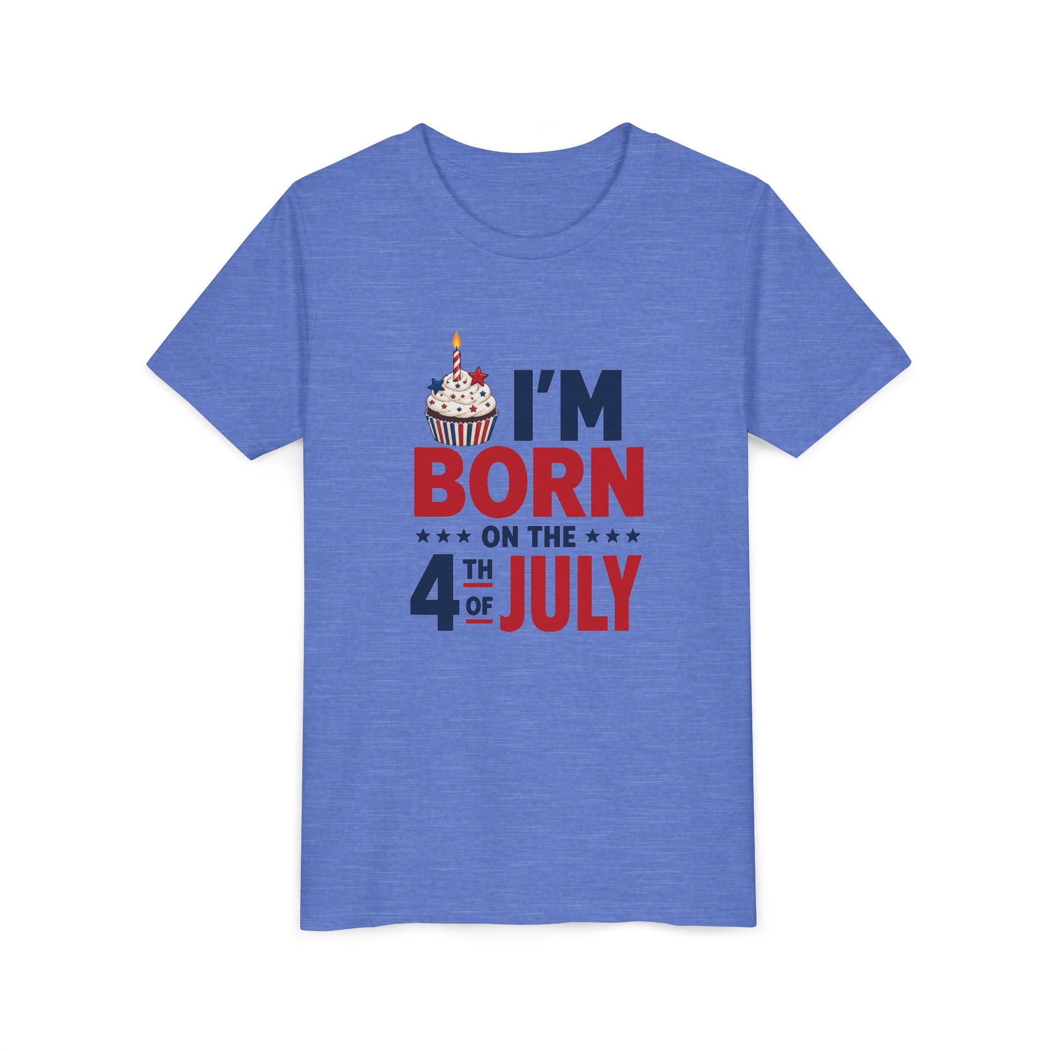 Born on the 4th of July Tee, Patriotic Birthday USA Shirt, Red White Blue Cupcake Graphic Top, Independence Day Celebration Outfit Youth Short Sleeve Tee