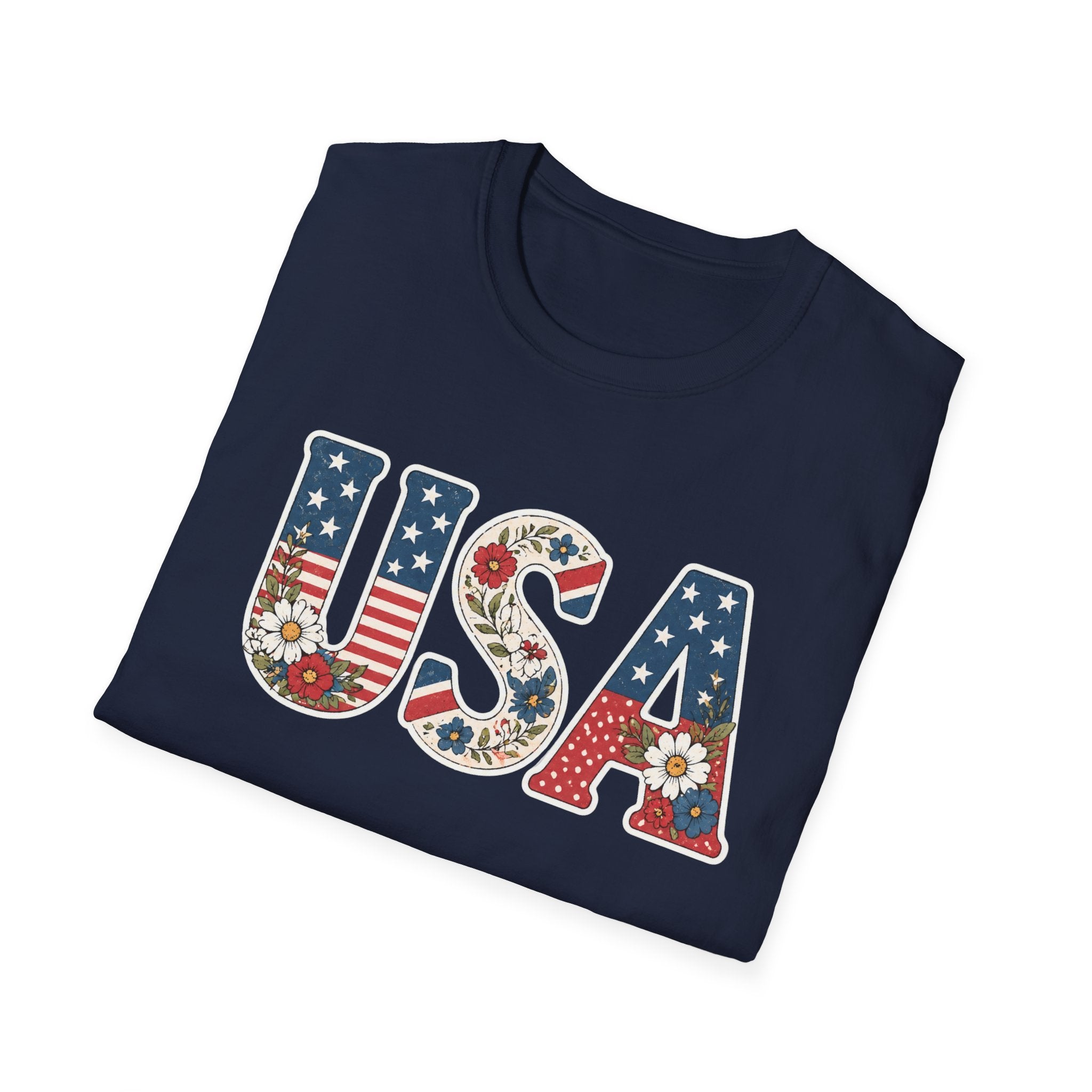 USA Patriotic Floral T-Shirt | American Flag Block Lettering Graphic Tee, Fourth Of July Vintage Cottagecore Top