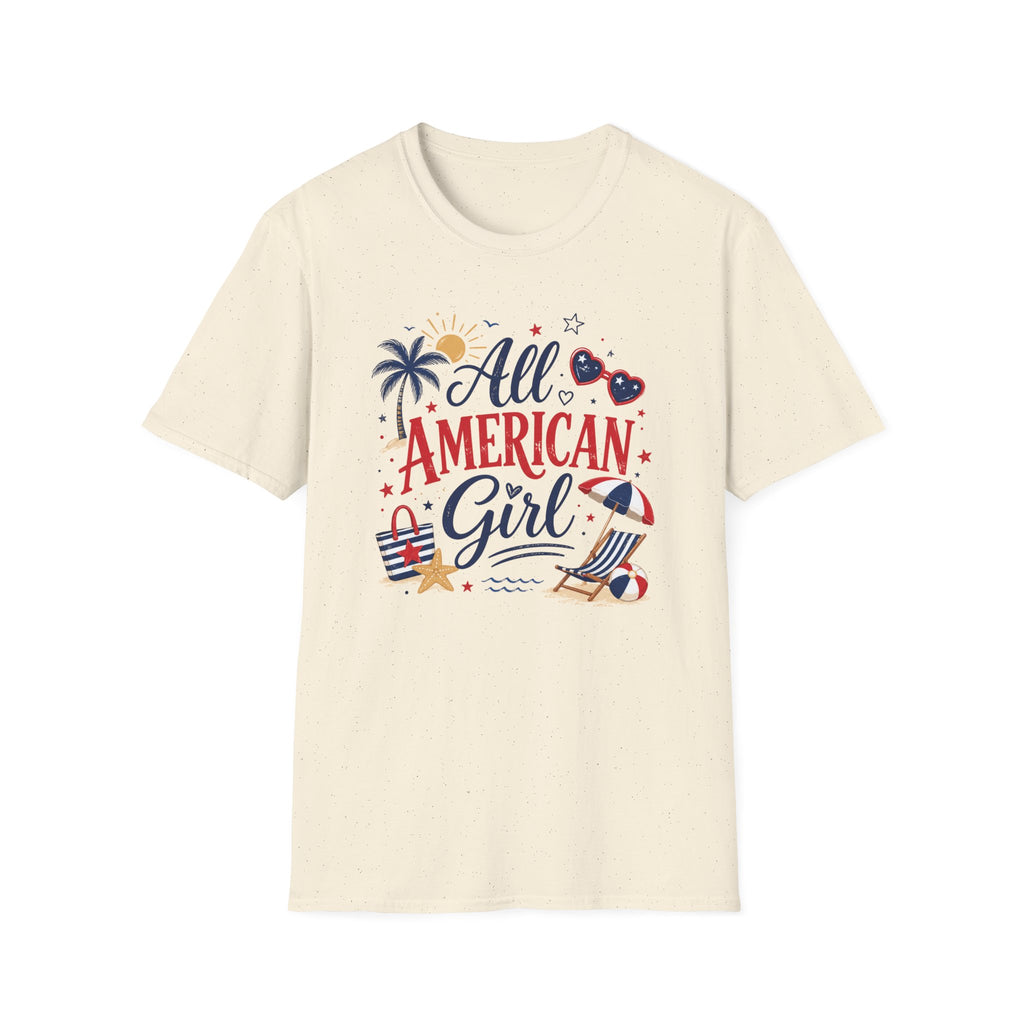All American Girl Graphic Tee - Patriotic 4th of July Summer Beach T-Shirt