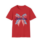 America Bow Patriotic T-Shirt, Coquette Fourth of July Graphic Tee, Vintage Americana Ribbon Shirt, Cute USA Holiday Apparel, Soft Girl Patriotic Outfit