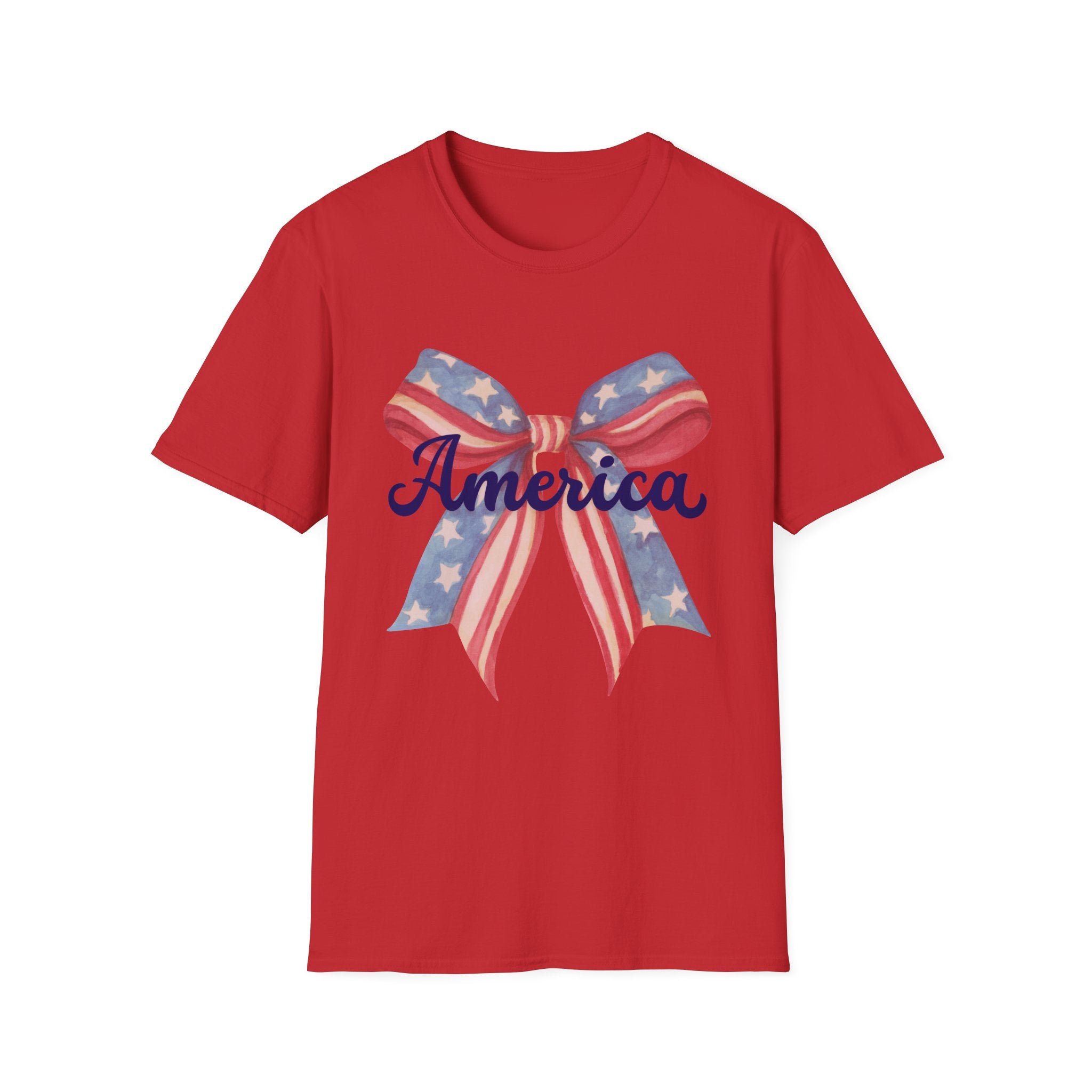 America Bow Patriotic T-Shirt, Coquette Fourth of July Graphic Tee, Vintage Americana Ribbon Shirt, Cute USA Holiday Apparel, Soft Girl Patriotic Outfit