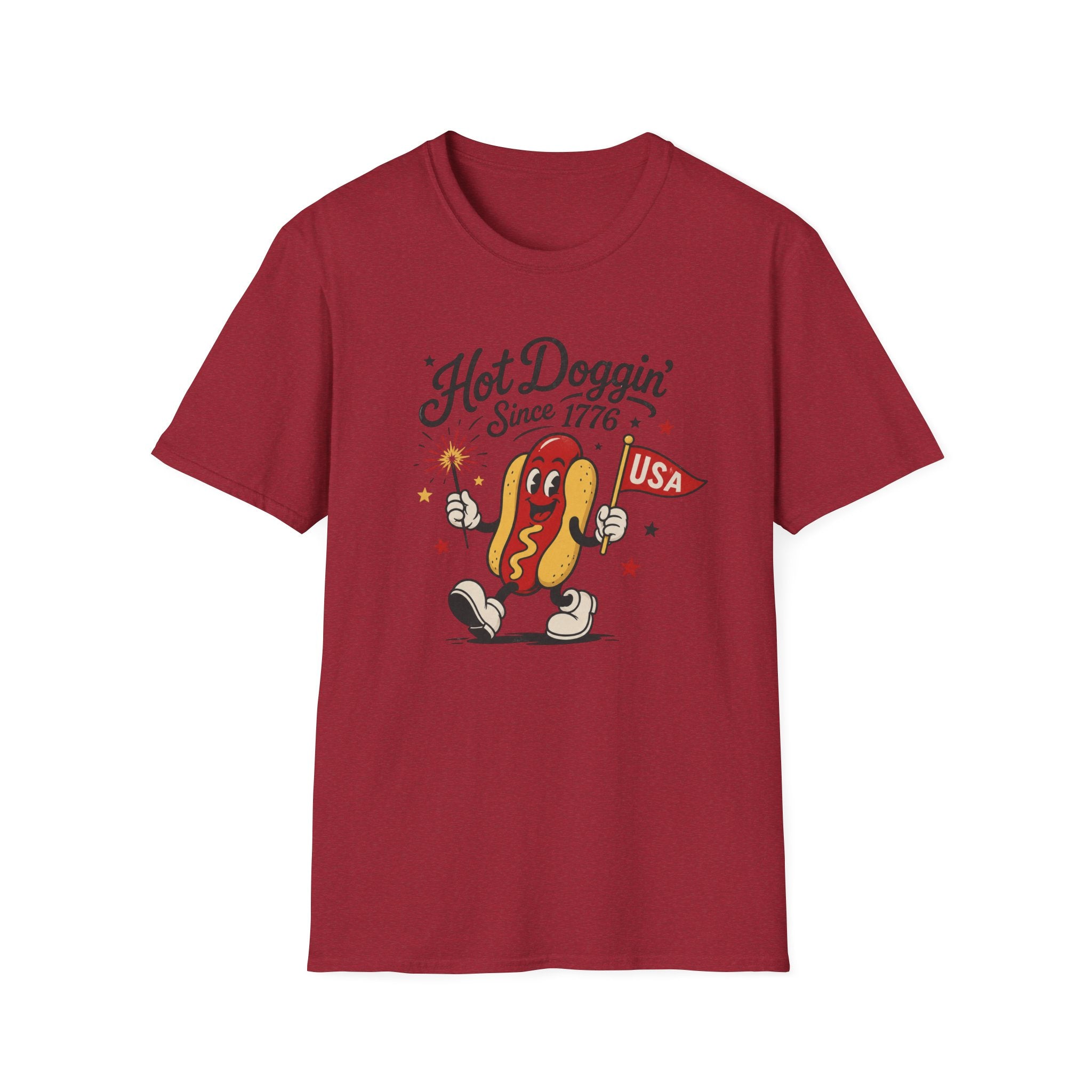 Hot Doggin Since 1776 Tee, Patriotic USA Hot Dog Shirt, Fun Red White Blue Graphic Top, Fourth of July Celebration Outfit Unisex Softstyle T-Shirt