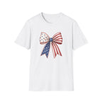 Patriotic American Flag Bow Tee, USA Pride Graphic Shirt, Fourth of July Outfit, Cute Red White Blue Bow Top