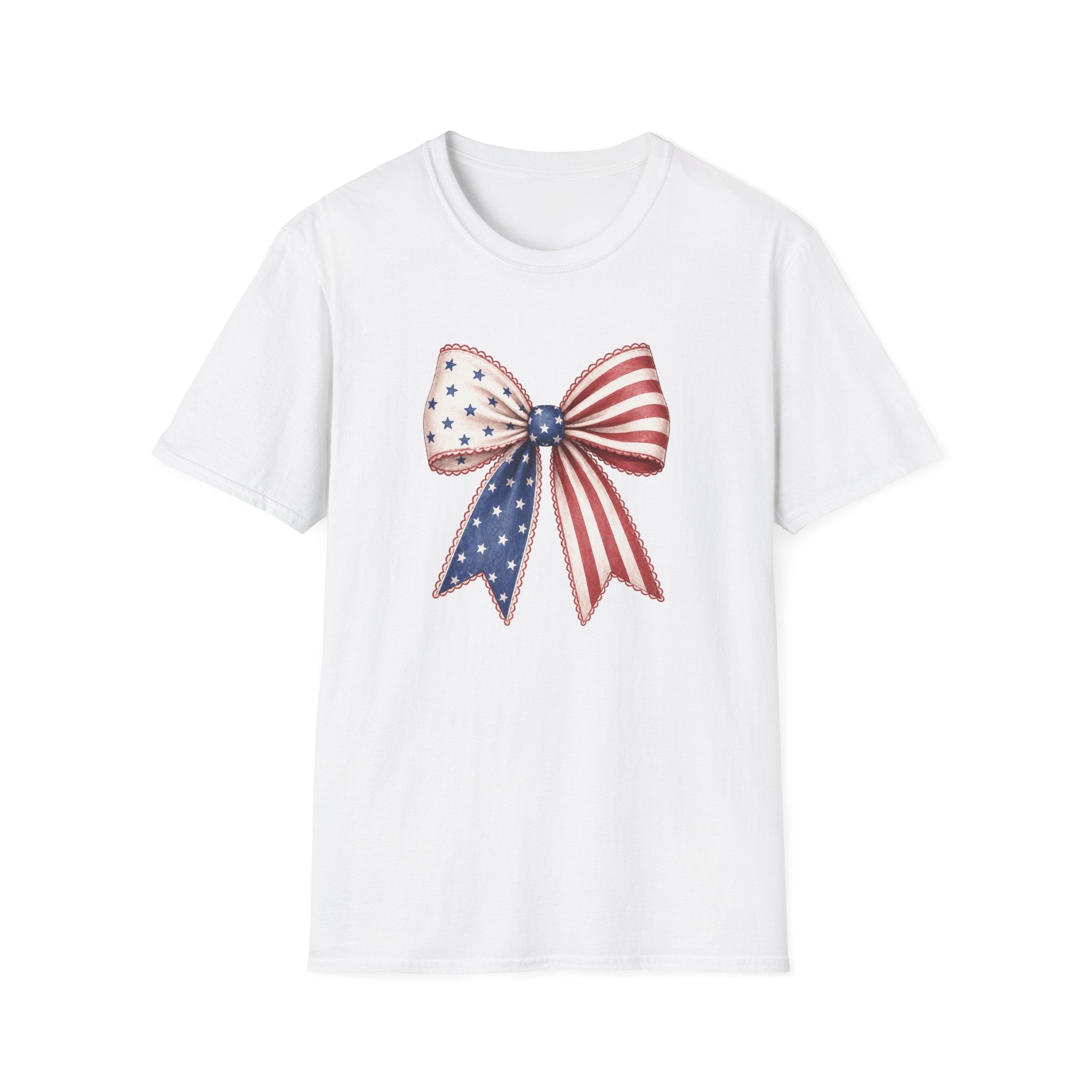 Patriotic American Flag Bow Tee, USA Pride Graphic Shirt, Fourth of July Outfit, Cute Red White Blue Bow Top