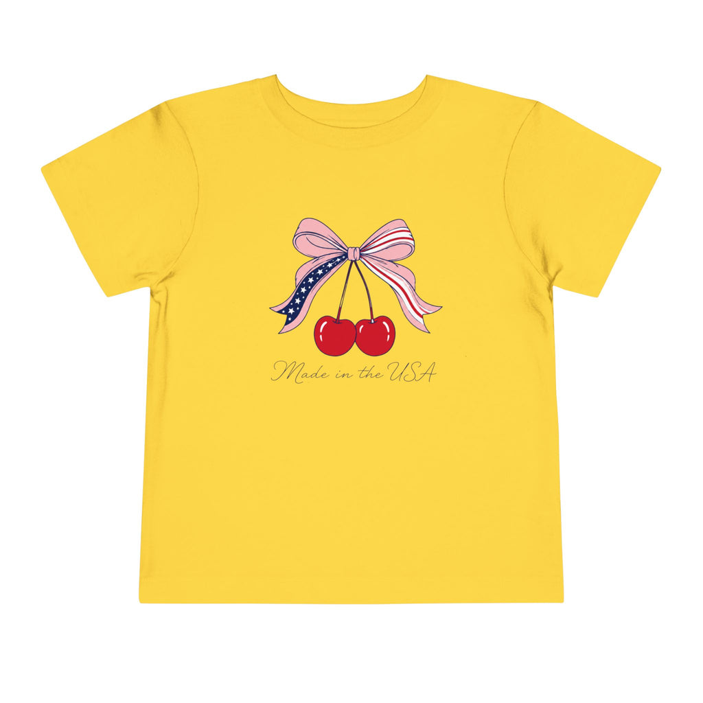 Made in the USA Cherry Tee, Patriotic Red White Blue Shirt, Cute Bow Fruit Graphic Top, Fourth of July Summer Outfit Toddler Short Sleeve Tee