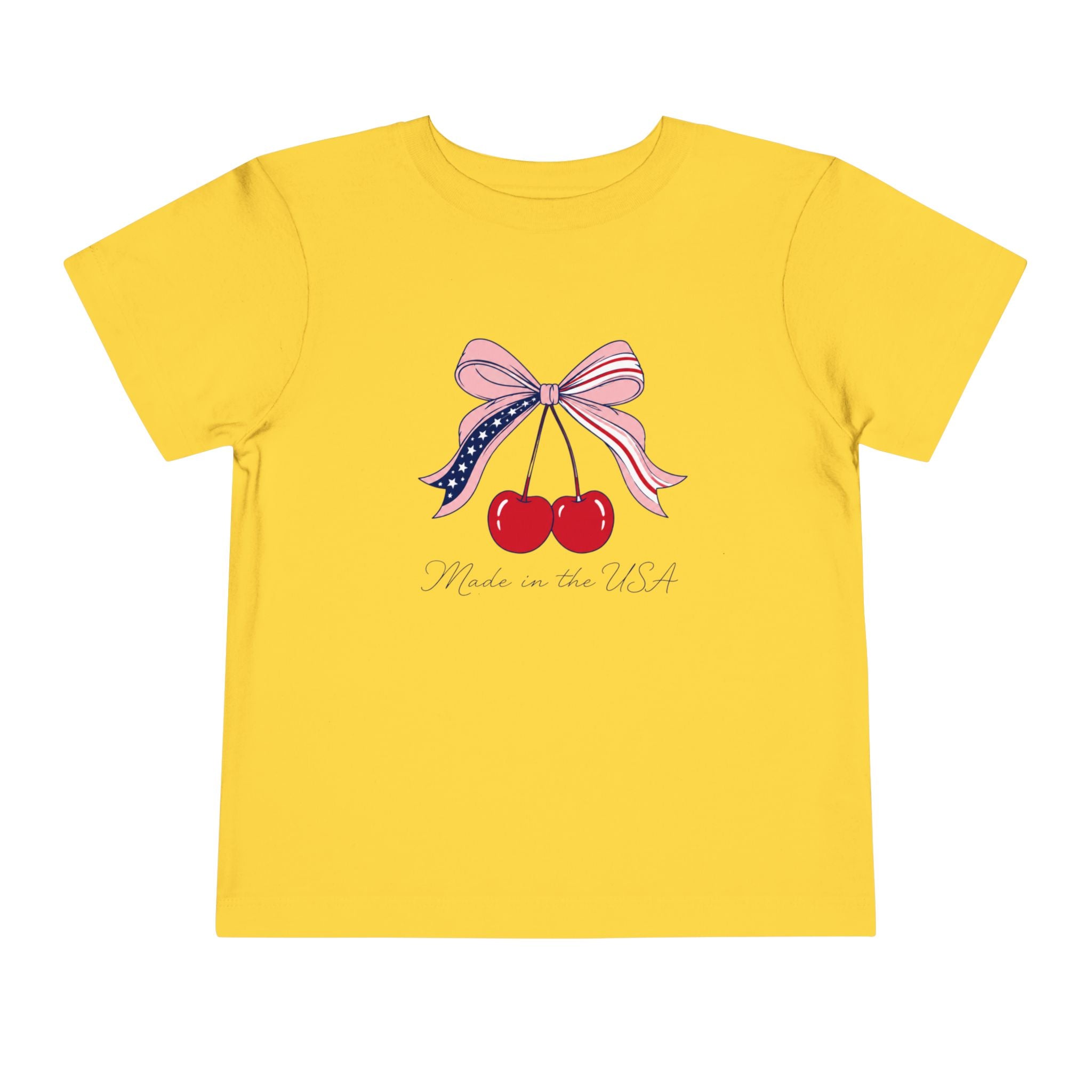 Made in the USA Cherry Tee, Patriotic Red White Blue Shirt, Cute Bow Fruit Graphic Top, Fourth of July Summer Outfit Toddler Short Sleeve Tee