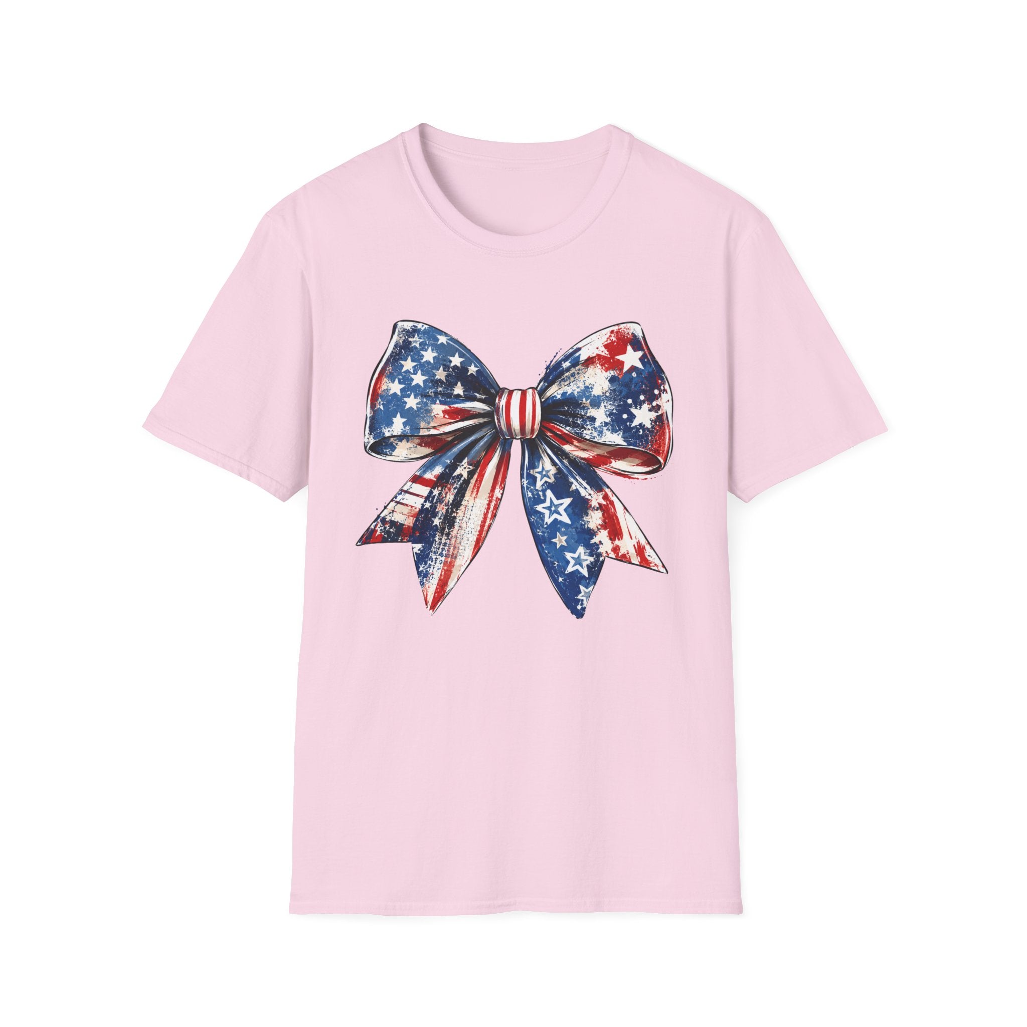 Distressed Watercolor Patriotic Bow T-Shirt, Vintage Grunge American Flag Bow Tee, Worn Texture Coquette 4th of July Shirt, Brushstroke Stars Stripes Bow Gift