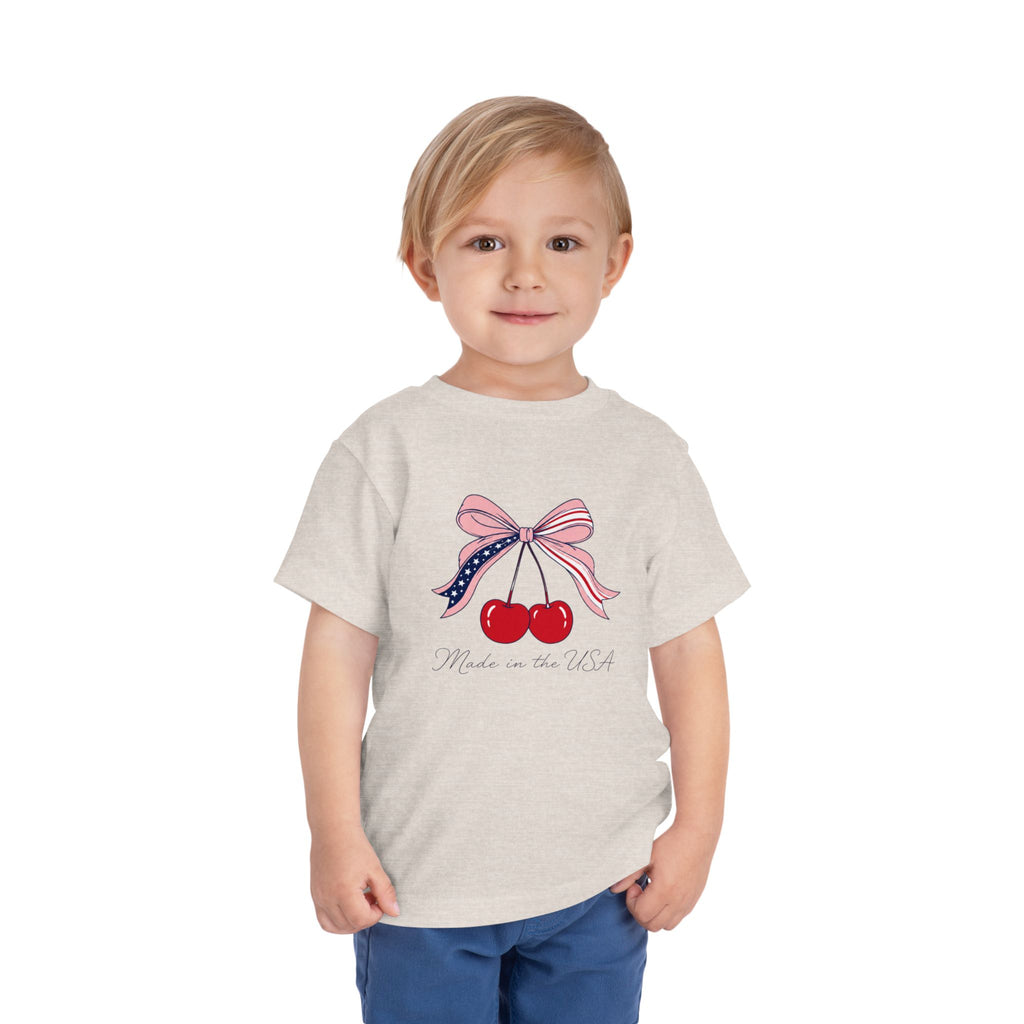 Made in the USA Cherry Tee, Patriotic Red White Blue Shirt, Cute Bow Fruit Graphic Top, Fourth of July Summer Outfit Toddler Short Sleeve Tee
