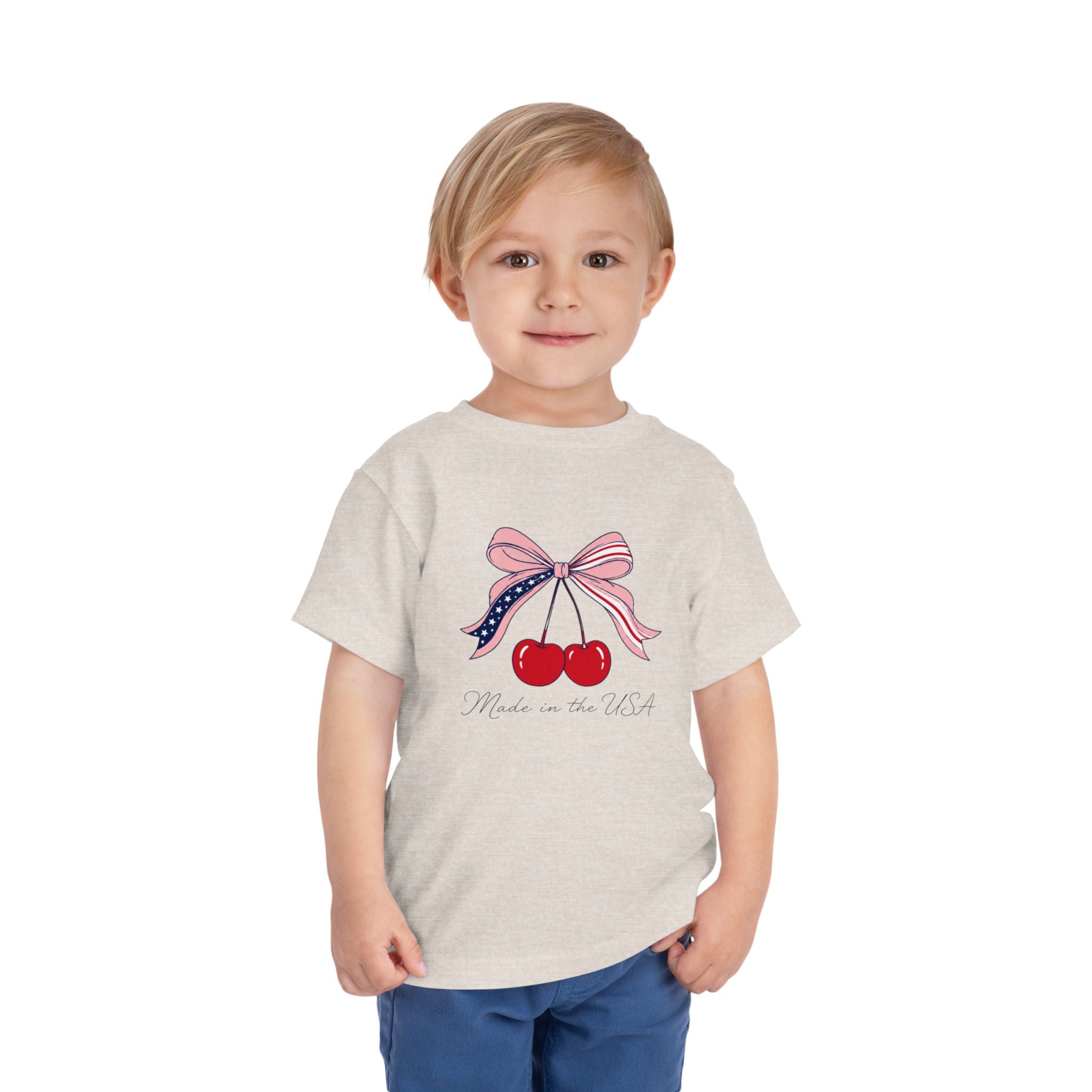 Made in the USA Cherry Tee, Patriotic Red White Blue Shirt, Cute Bow Fruit Graphic Top, Fourth of July Summer Outfit Toddler Short Sleeve Tee