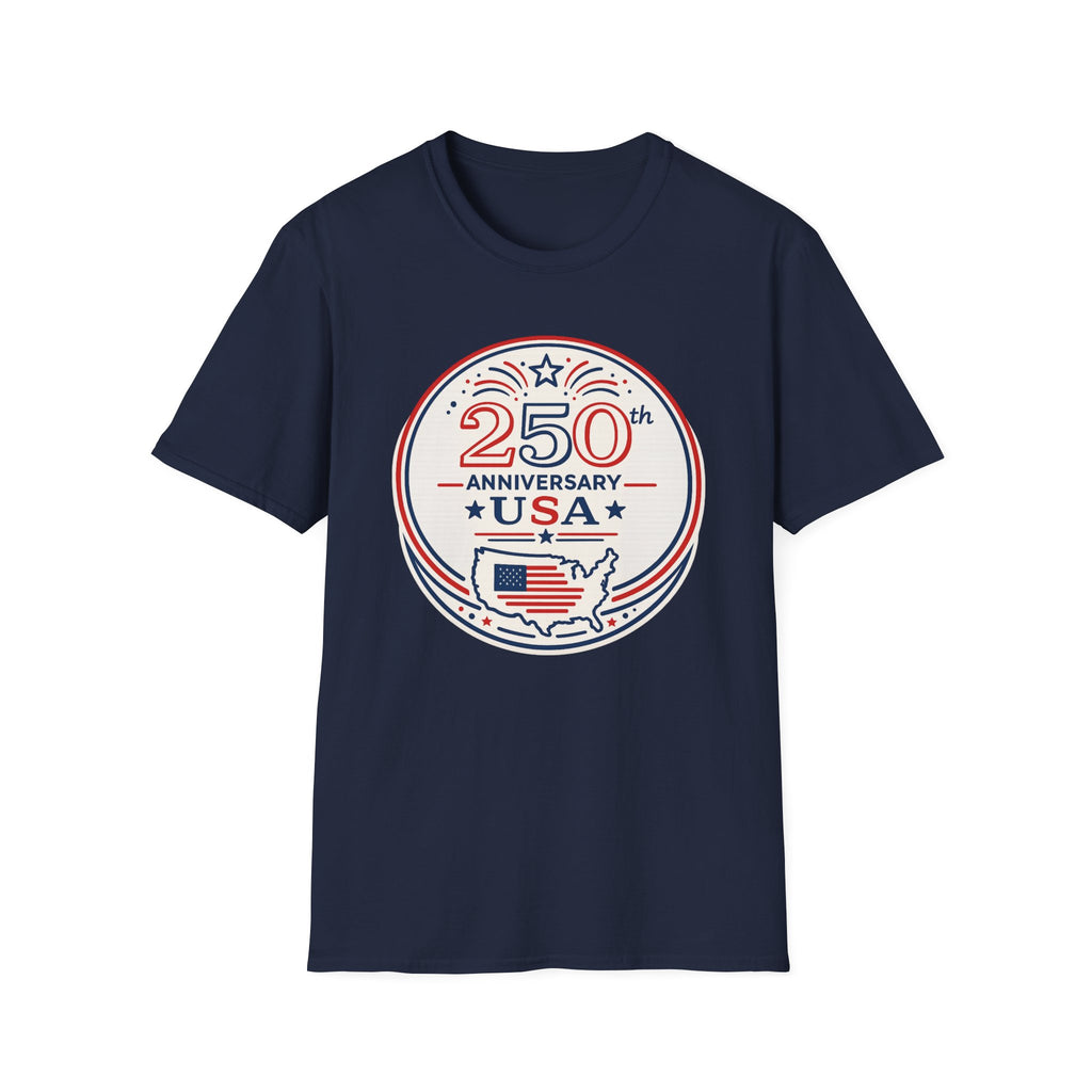 USA 250th Anniversary T-Shirt | Semiquincentennial Patriotic Map Graphic Tee, American Flag Round Emblem Top