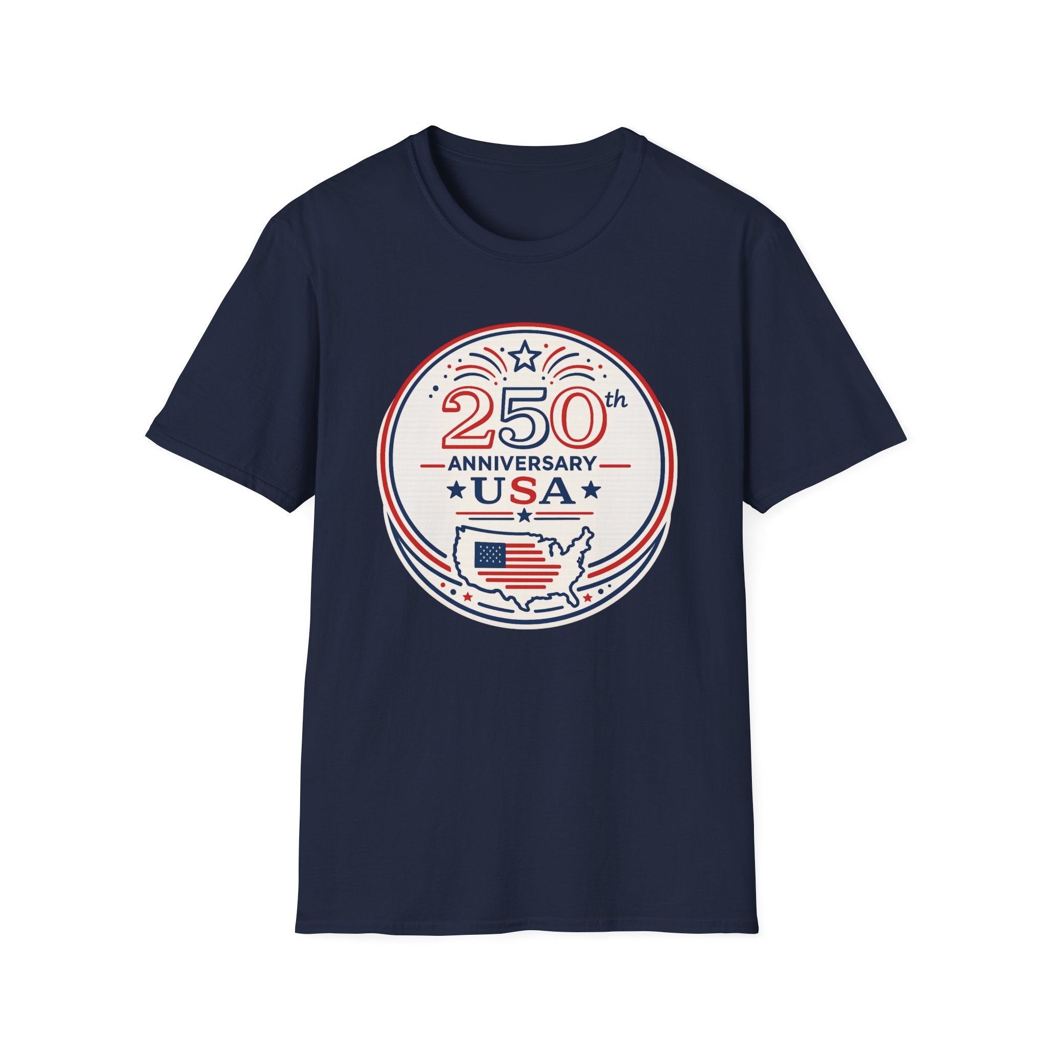 USA 250th Anniversary T-Shirt | Semiquincentennial Patriotic Map Graphic Tee, American Flag Round Emblem Top