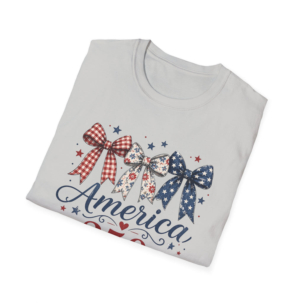 America 250 Years of Freedom Bow Shirt, Coquette Patriotic Trio Bow Tee 1776 2026, 4th of July Women's Vintage Bow T-Shirt, Gingham Stars Floral Patriotic Anniversary Gift