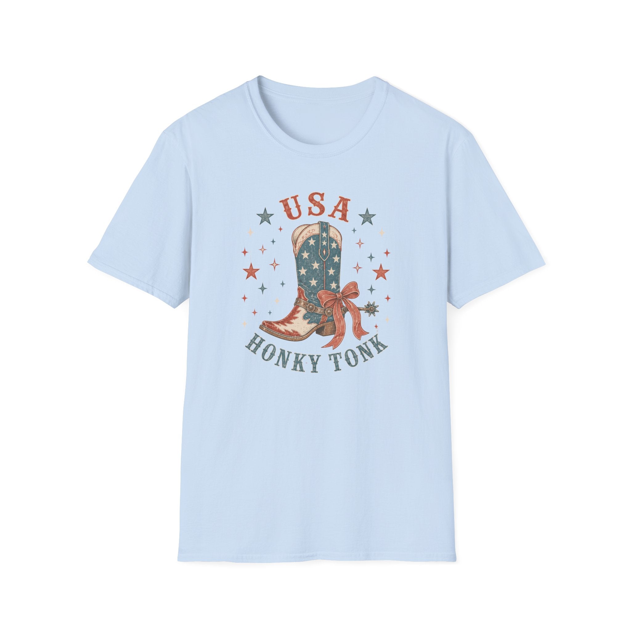 USA Honky Tonk T-Shirt, Patriotic Cowboy Boot Coquette Bow Tee, Country Western 4th of July Shirt, Star Cowgirl Boot America Gift Women, Country Patriotic Concert Tee