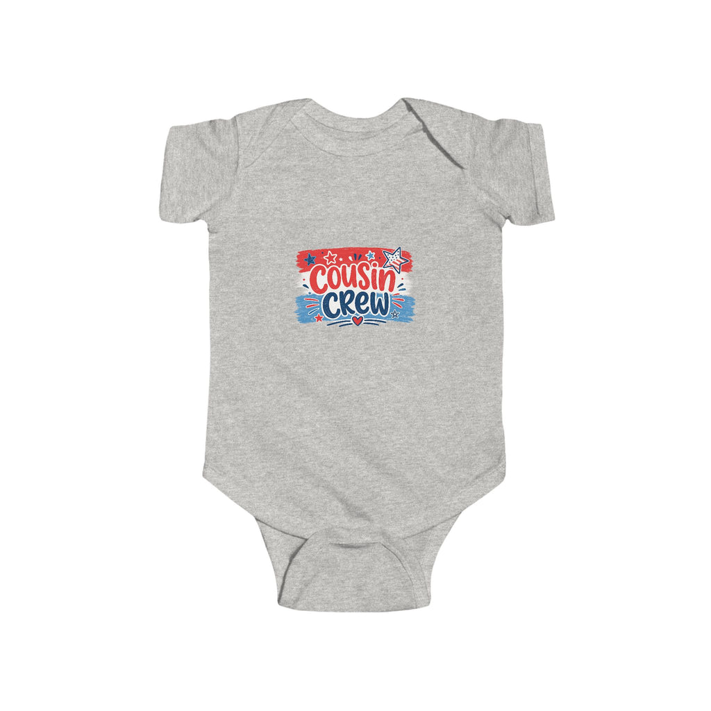 Cousin Crew Baby Onesie, Patriotic Red White Blue Infant Bodysuit, Cute USA Family Graphic Outfit, Fourth of July Celebration Wear Infant Fine Jersey Bodysuit