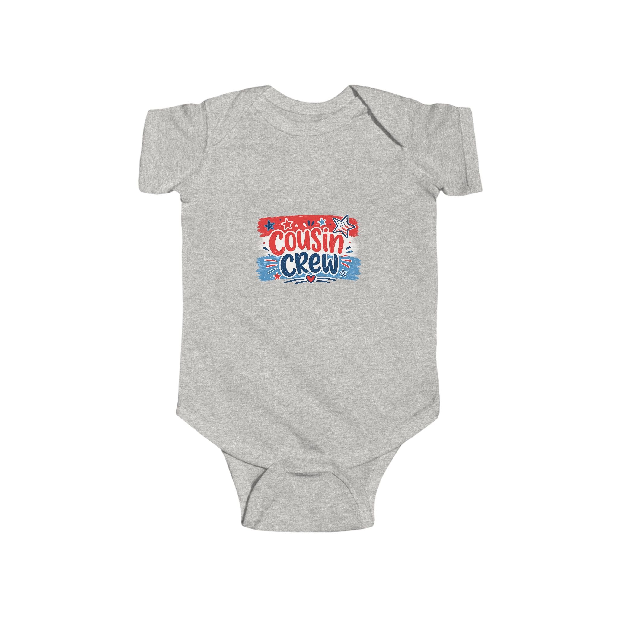 Cousin Crew Baby Onesie, Patriotic Red White Blue Infant Bodysuit, Cute USA Family Graphic Outfit, Fourth of July Celebration Wear Infant Fine Jersey Bodysuit