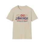 America 250 Years Of Freedom T-Shirt | Semiquincentennial Patriotic Fireworks Tee, Coquette Ribbon Bow Holiday Clothing
