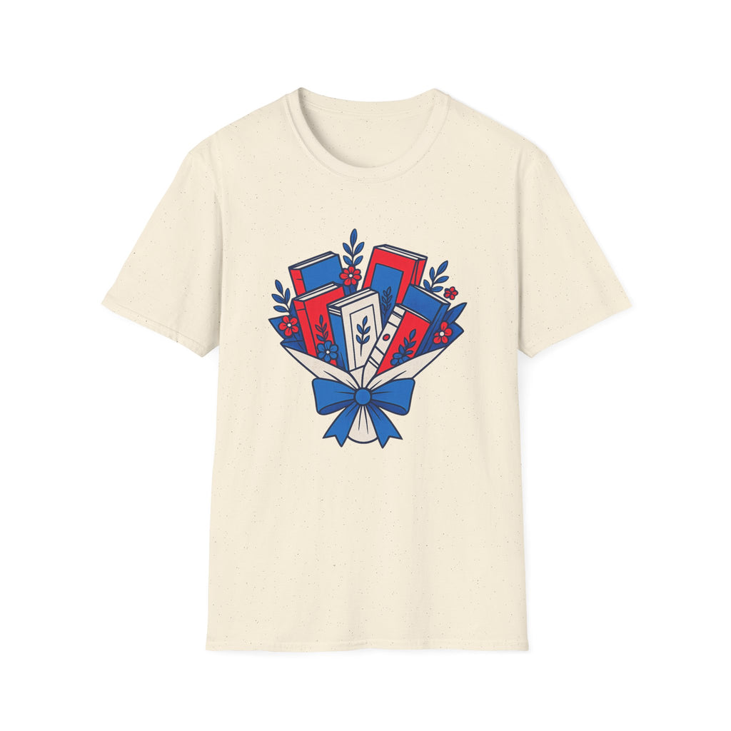 Patriotic Book Bouquet T-Shirt | Fourth Of July Librarian Graphic Tee, Red Blue Reader Ribbon Top
